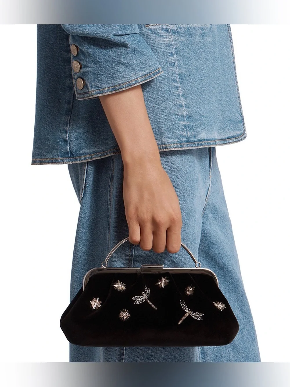Stratheberry x Cinq a Sept Frame Black Velvet Clutch. Black Embroidered._7